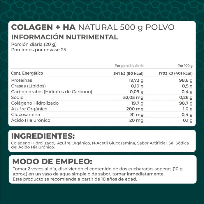 KIT 2 PIEZAS - Colagen + HA (Colágeno + Ácido Hialurónico) natural 500 gr