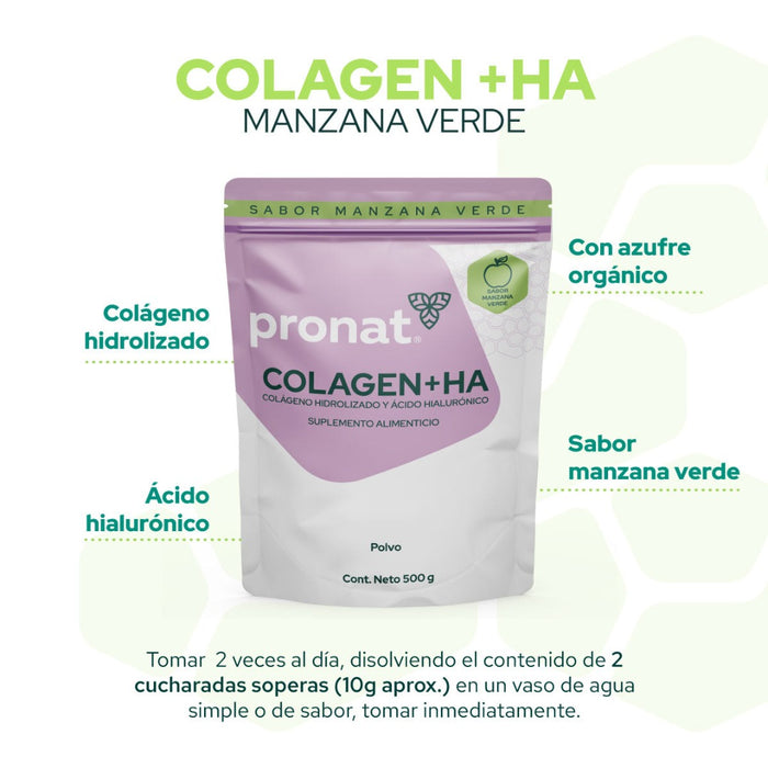 Colagen + Ha (Colágeno y Ácido Hialurónico) Manzana Verde polvo 500 g - Pronat