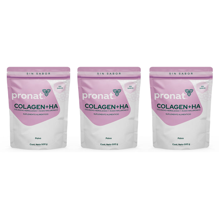 Kit 3 piezas Colagen + HA (Colágeno + Ácido Hialurónico) natural 500 gr polvo