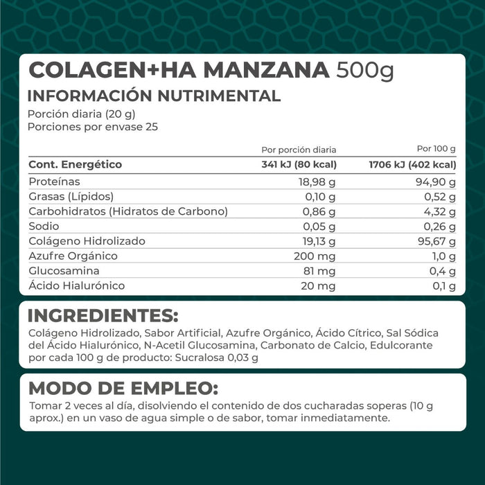 Colagen + Ha (Colágeno y Ácido Hialurónico) Manzana Verde polvo 500 g - Pronat
