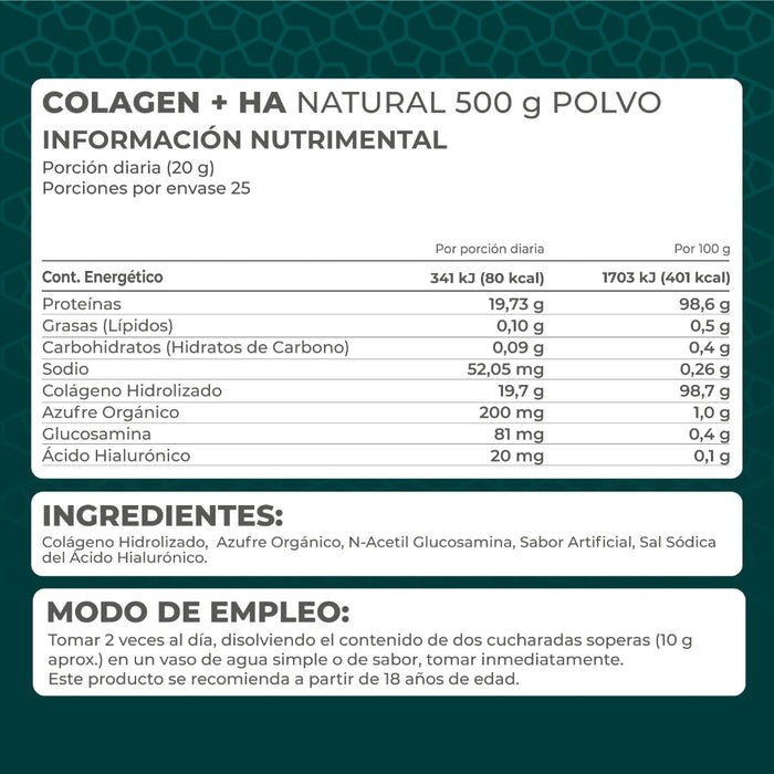 Colagen+HA (Colágeno + Ácido Hialurónico) natural 500 g polvo - Pronat