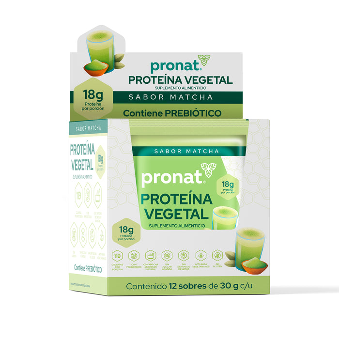 Proteína Vegetal Sabor Matcha, Caja con 12 sobres de 30 gramos