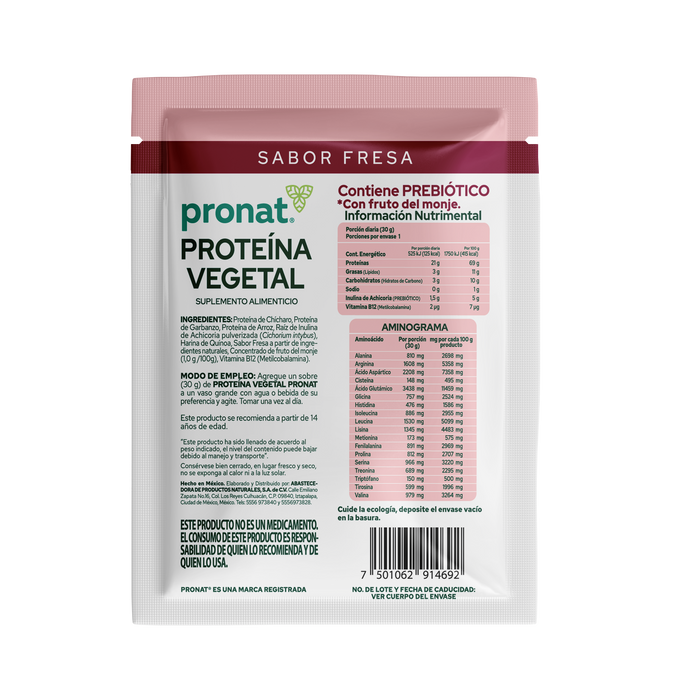 Proteína Vegetal Sabor Malteada de Fresa, Caja con 12 sobres de 30 gramos