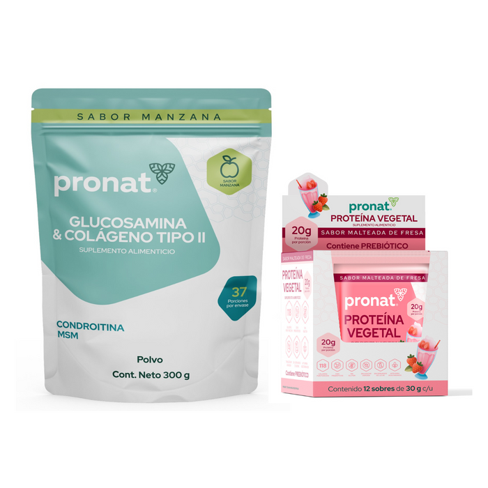 Kit Glucosamina con colágeno tipo 2 y Proteína vegetal Malteada de fresa