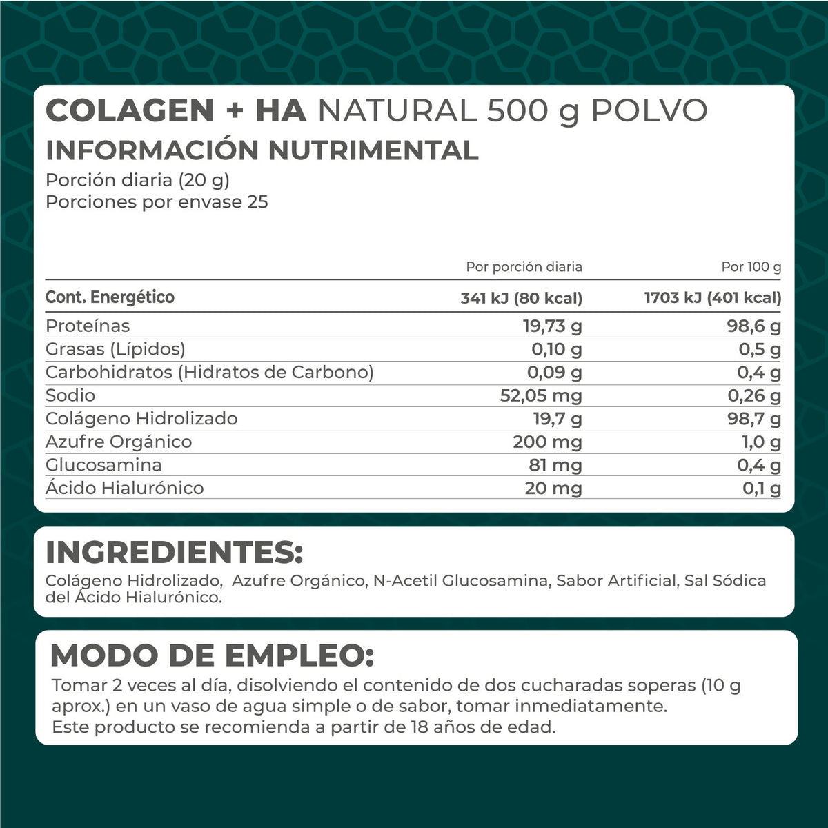 KIT 2 PIEZAS - Colagen + HA (Colágeno + Ácido Hialurónico) natural 500 gr