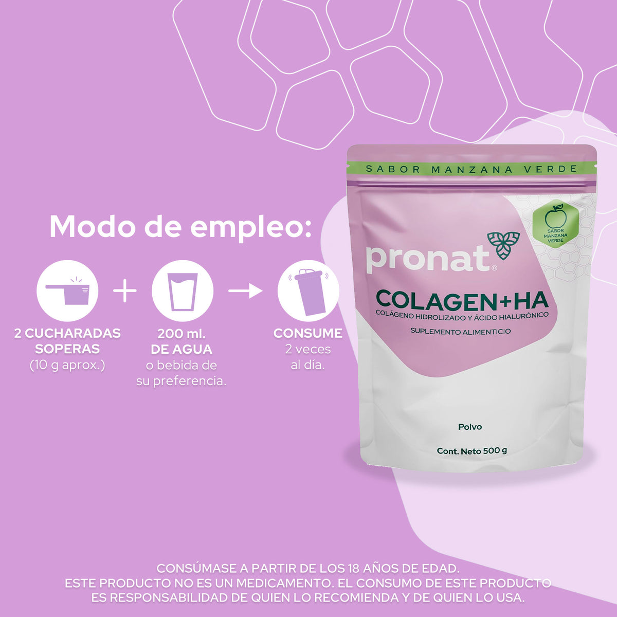 Colagen + Ha (Colágeno y Ácido Hialurónico) Manzana Verde polvo 500 g - Pronat
