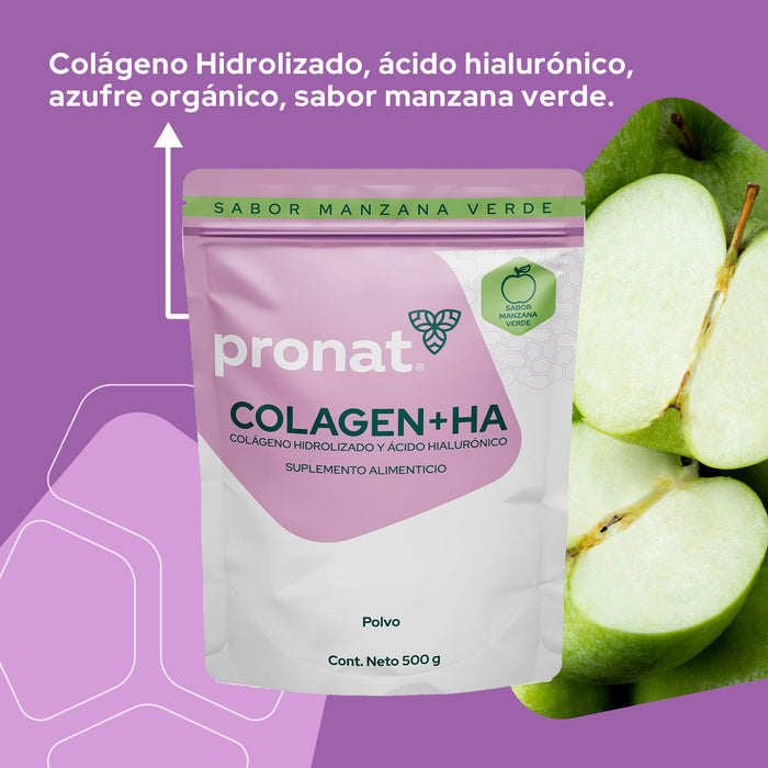 Colagen + Ha (Colágeno y Ácido Hialurónico) Manzana Verde polvo 500 g - Pronat