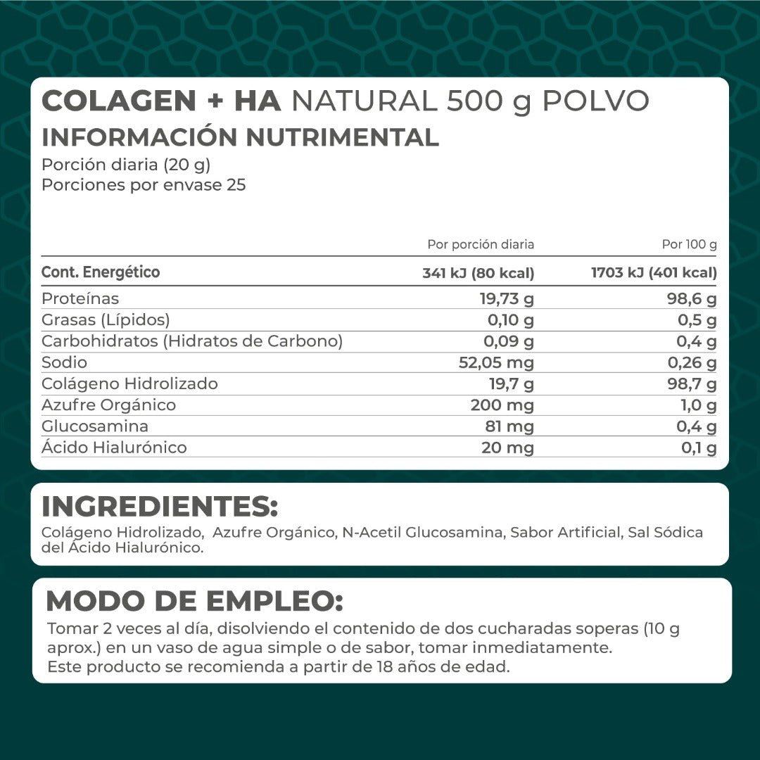 Colagen + HA (Colágeno + Ácido Hialurónico) natural 500 g polvo - Pronat