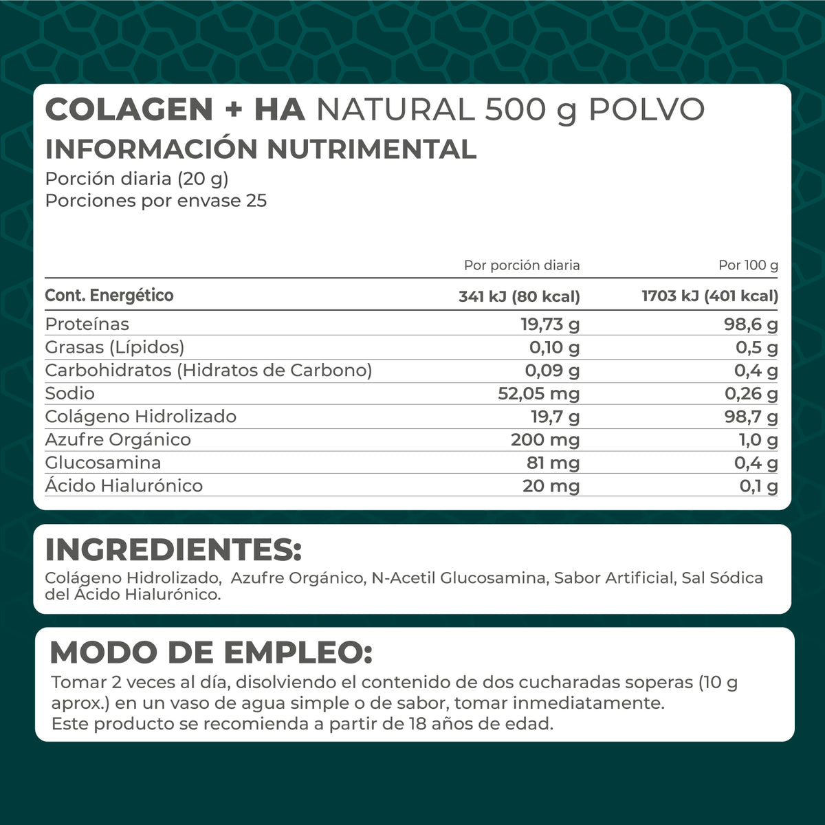 Kit 3 piezas Colagen + HA (Colágeno + Ácido Hialurónico) natural 500 gr polvo