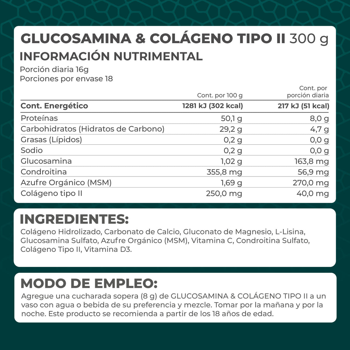 Kit 2 piezas Glucosamina & Colágeno Tipo II Sin sabor polvo 300g