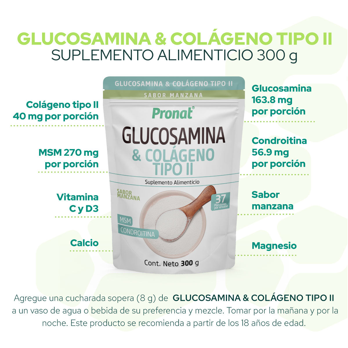 Glucosamina & Colágeno Tipo II polvo 300g Sabor Manzana verde