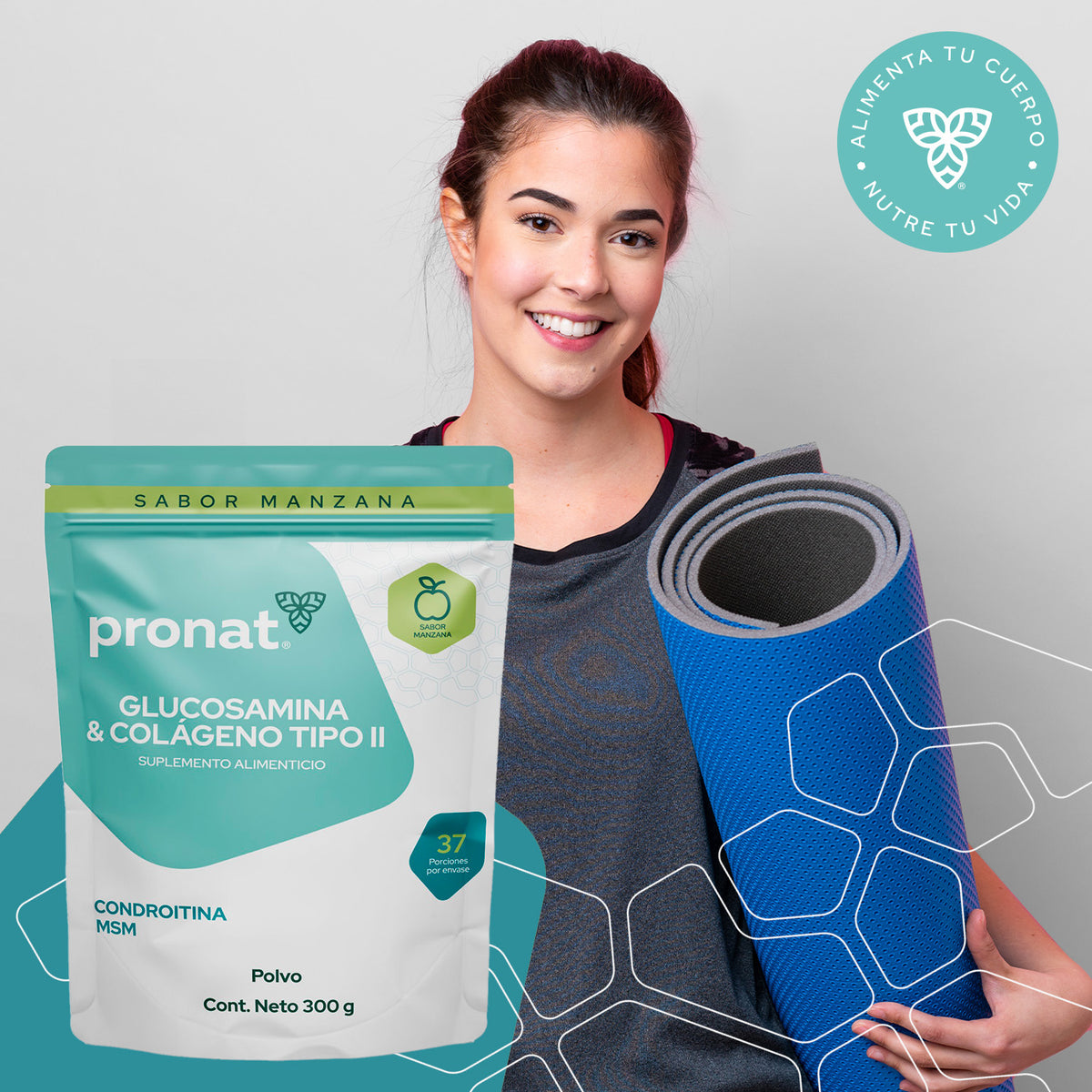 Glucosamina & Colágeno Tipo II polvo 300g Sabor Manzana verde