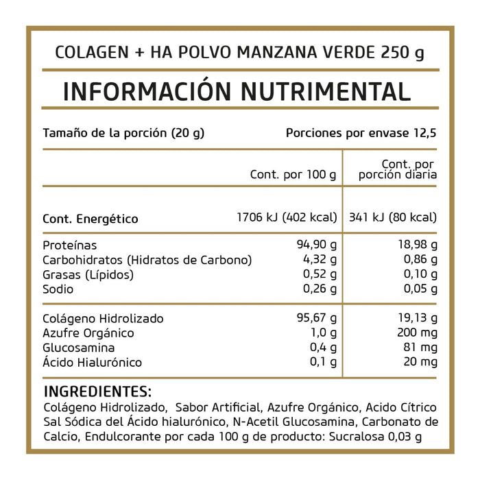 Colagen + Ha (Colágeno y Ácido Hialurónico) Manzana Verde polvo 250 g