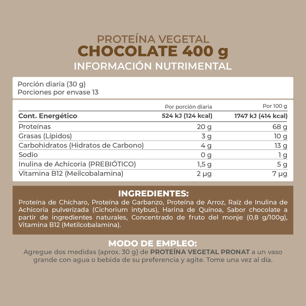 Proteína Vegetal sabor Chocolate 400g - Pronat