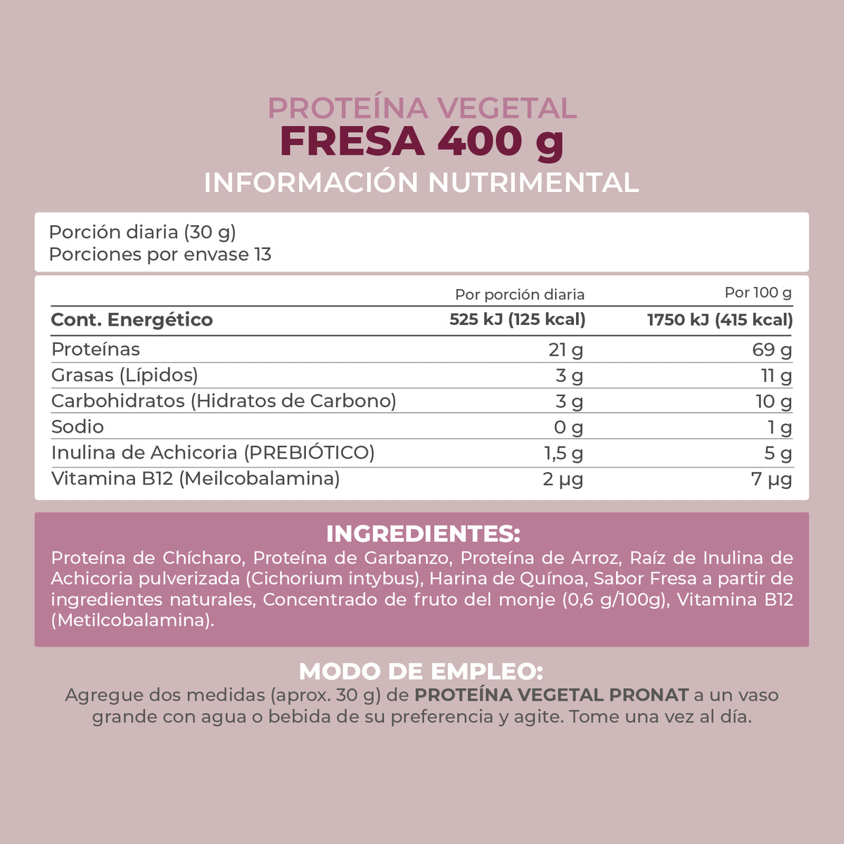Proteína Vegetal sabor malteada de fresa 400g - Pronat