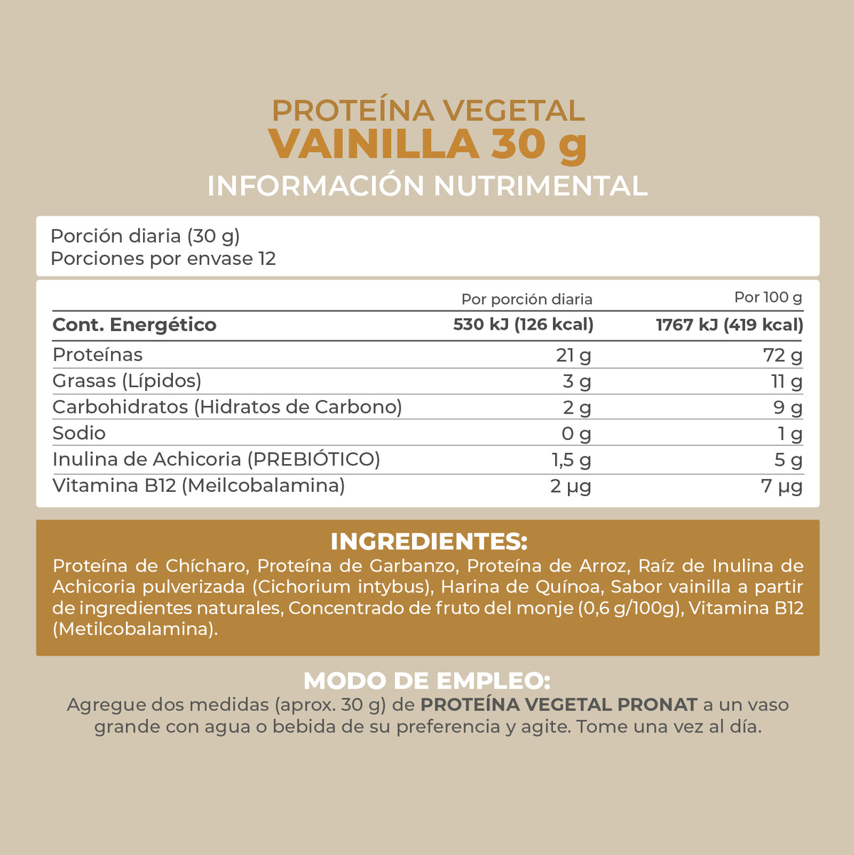Proteína Vegetal Sabor Vainilla, Caja con 12 sobres de 30 gramos
