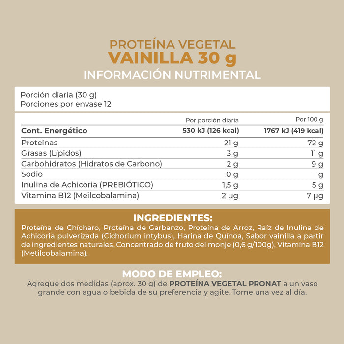 Proteína Vegetal Sabor Vainilla, Caja con 12 sobres de 30 gramos
