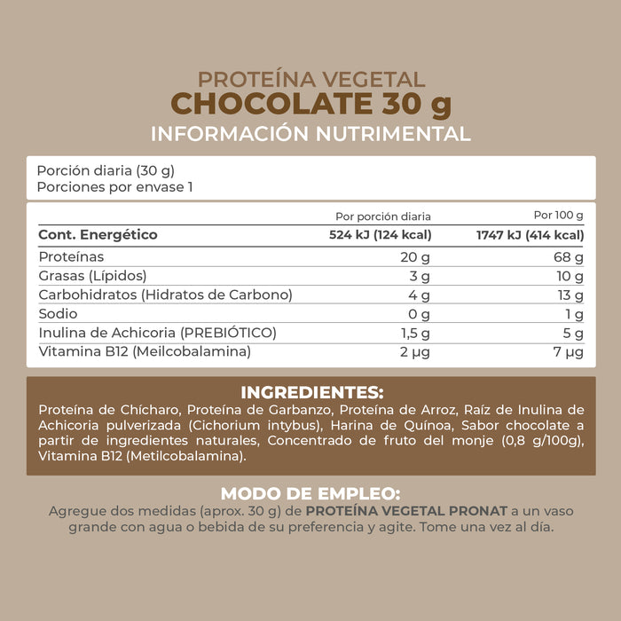 Proteína Vegetal Sabor Chocolate, Caja con 12 sobres de 30 gramos