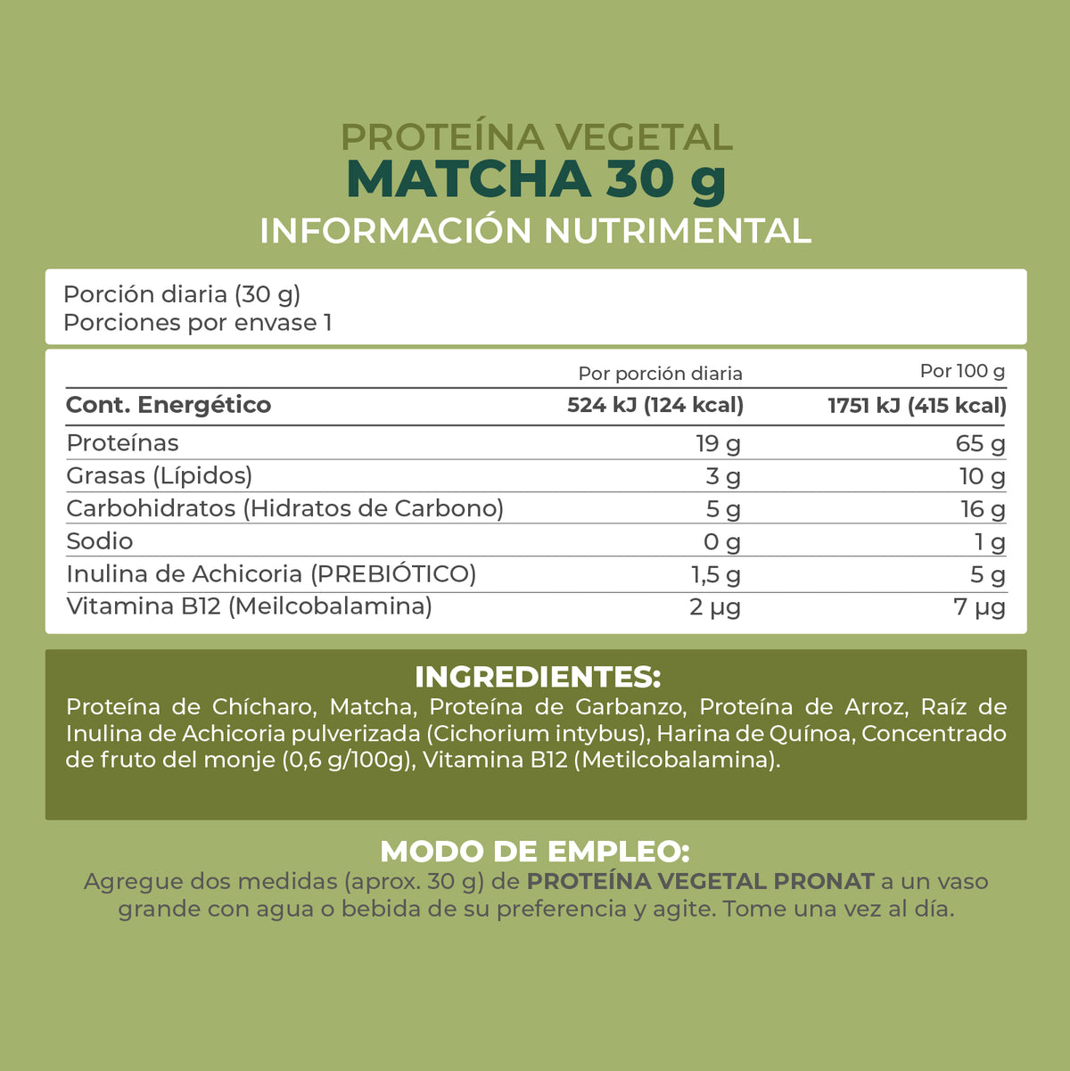 Proteína Vegetal Sabor Matcha, Caja con 12 sobres de 30 gramos