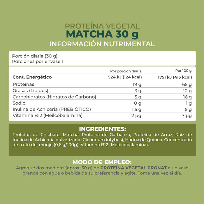 Proteína Vegetal Sabor Matcha, Caja con 12 sobres de 30 gramos