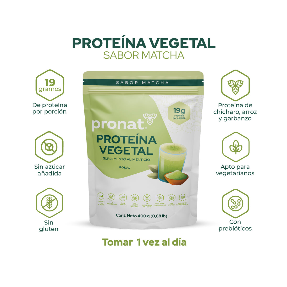 Proteína Vegetal sabor Matcha 400g - Pronat