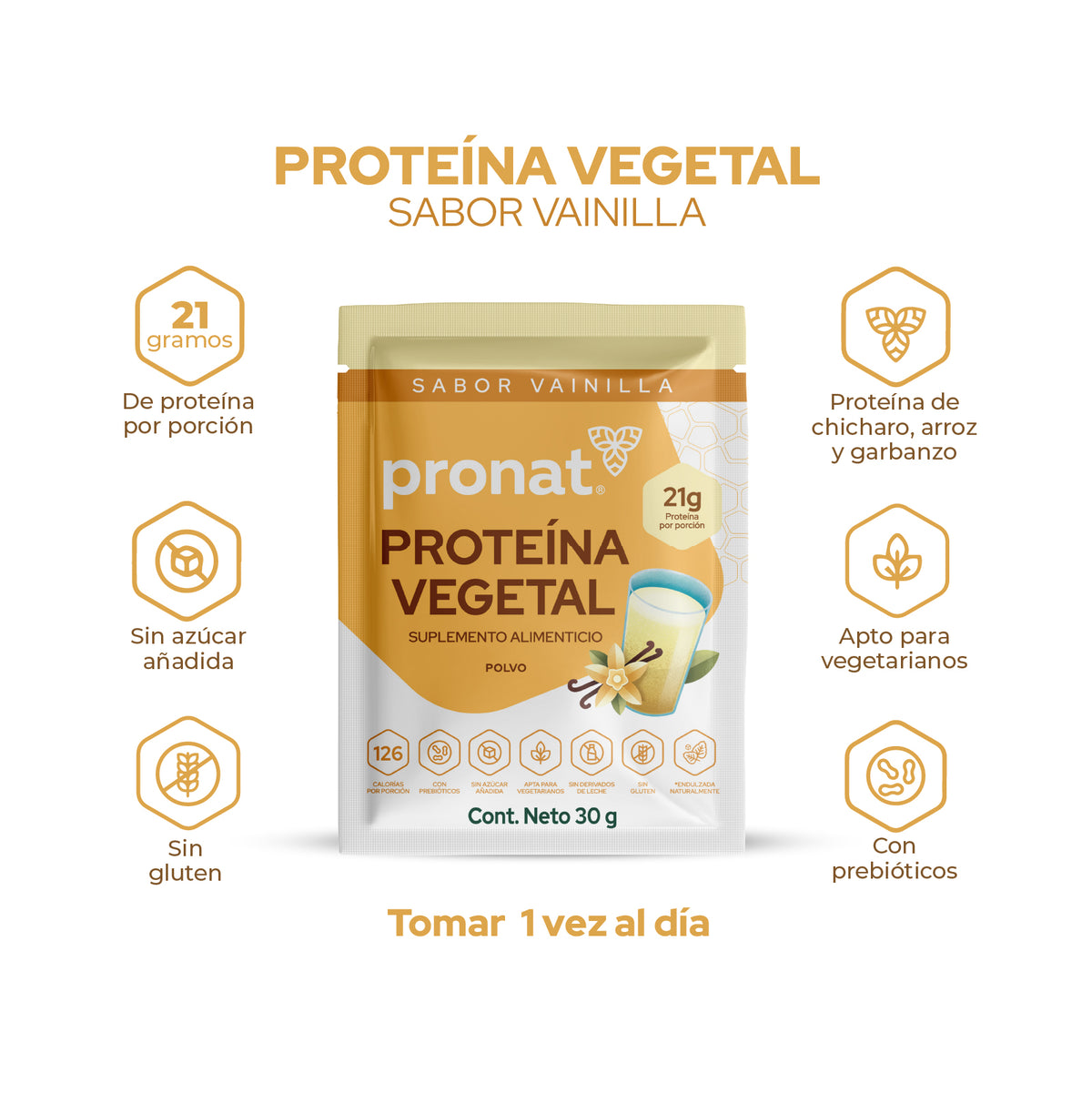 Proteína Vegetal Sabor Vainilla, Caja con 12 sobres de 30 gramos