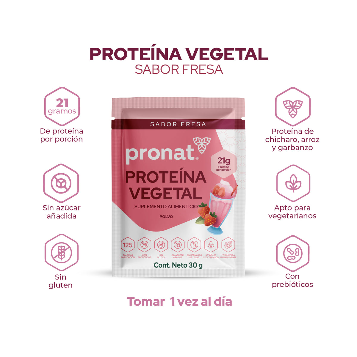 Proteína Vegetal Sabor Malteada de Fresa, Caja con 12 sobres de 30 gramos