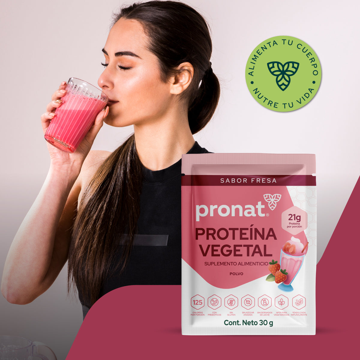 Proteína Vegetal Sabor Malteada de Fresa, Caja con 12 sobres de 30 gramos