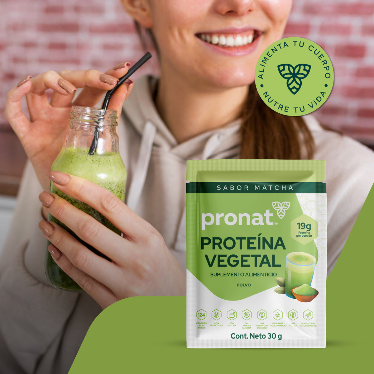 Proteína Vegetal Sabor Matcha, Caja con 12 sobres de 30 gramos