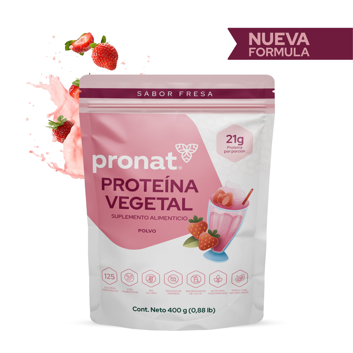 Proteína Vegetal sabor malteada de fresa 400g - Pronat