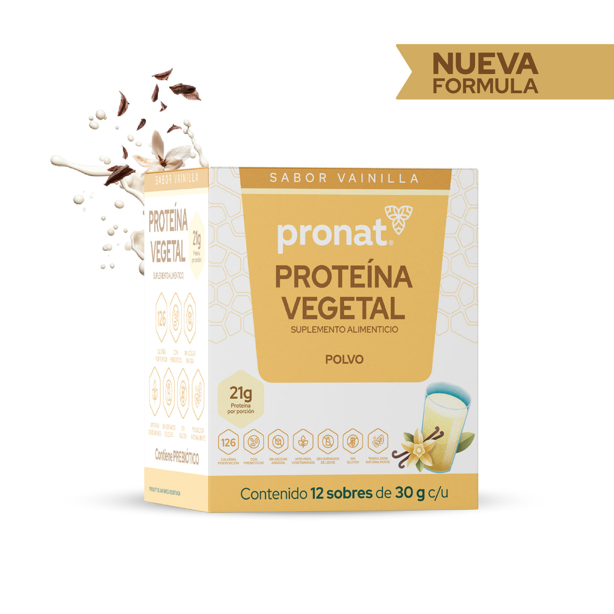 Proteína Vegetal Sabor Vainilla, Caja con 12 sobres de 30 gramos