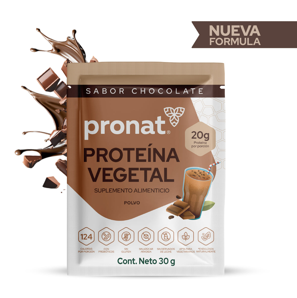 Proteína Vegetal Sabor Chocolate, Caja con 12 sobres de 30 gramos