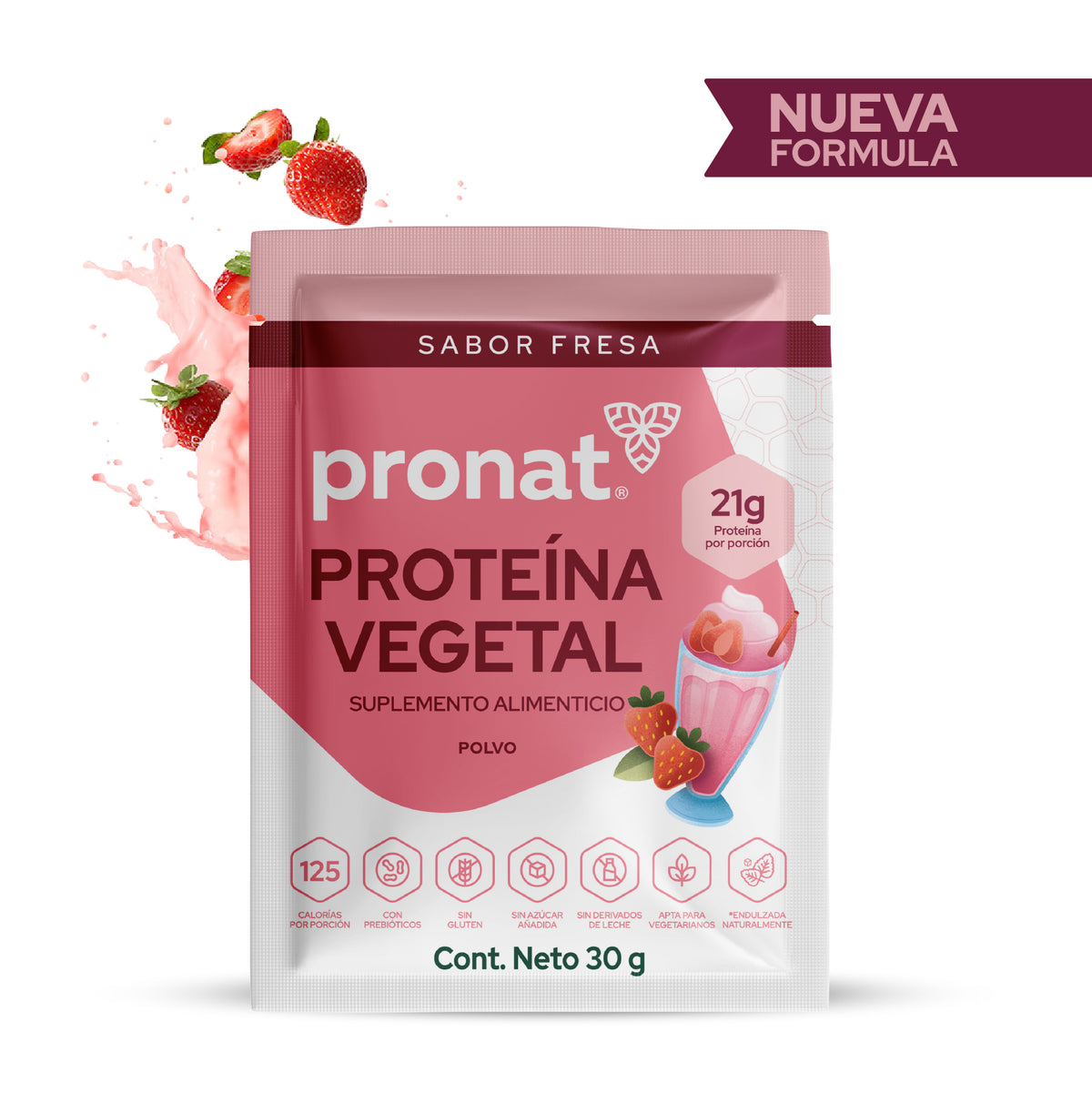 Proteína Vegetal Sabor Malteada de Fresa, Caja con 12 sobres de 30 gramos