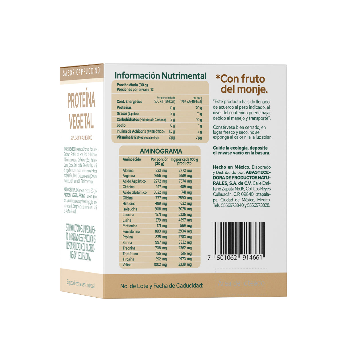 Proteína Vegetal Sabor Cappuccino, Caja con 12 sobres de 30 gramos