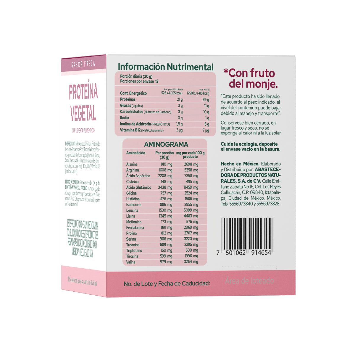 Proteína Vegetal Sabor Malteada de Fresa, Caja con 12 sobres de 30 gramos
