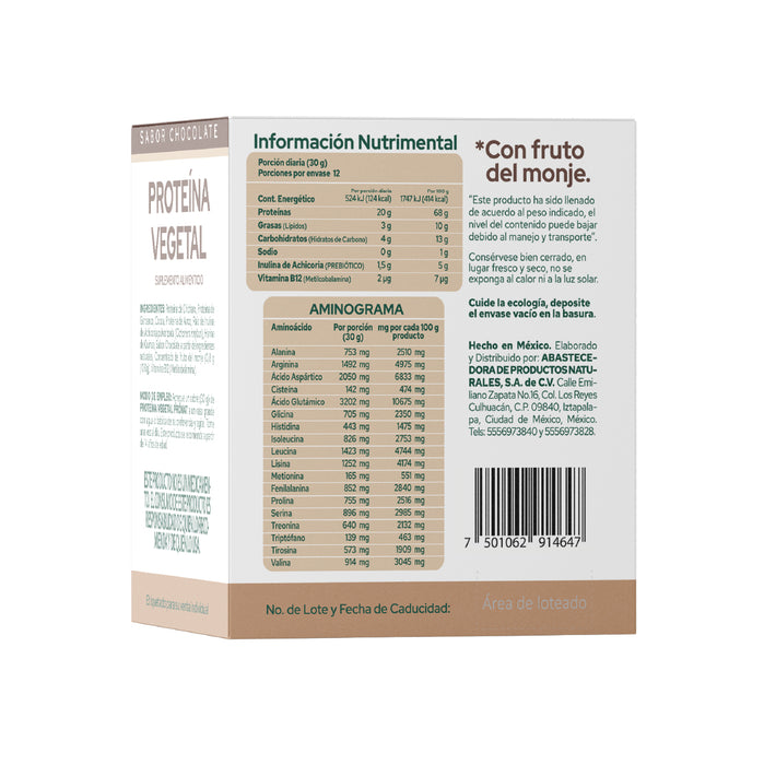 Proteína Vegetal Sabor Chocolate, Caja con 12 sobres de 30 gramos