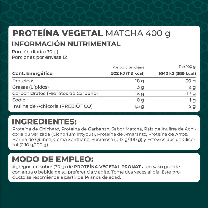 Proteína Vegetal Sabor Matcha, Caja con 12 sobres de 30 gramos