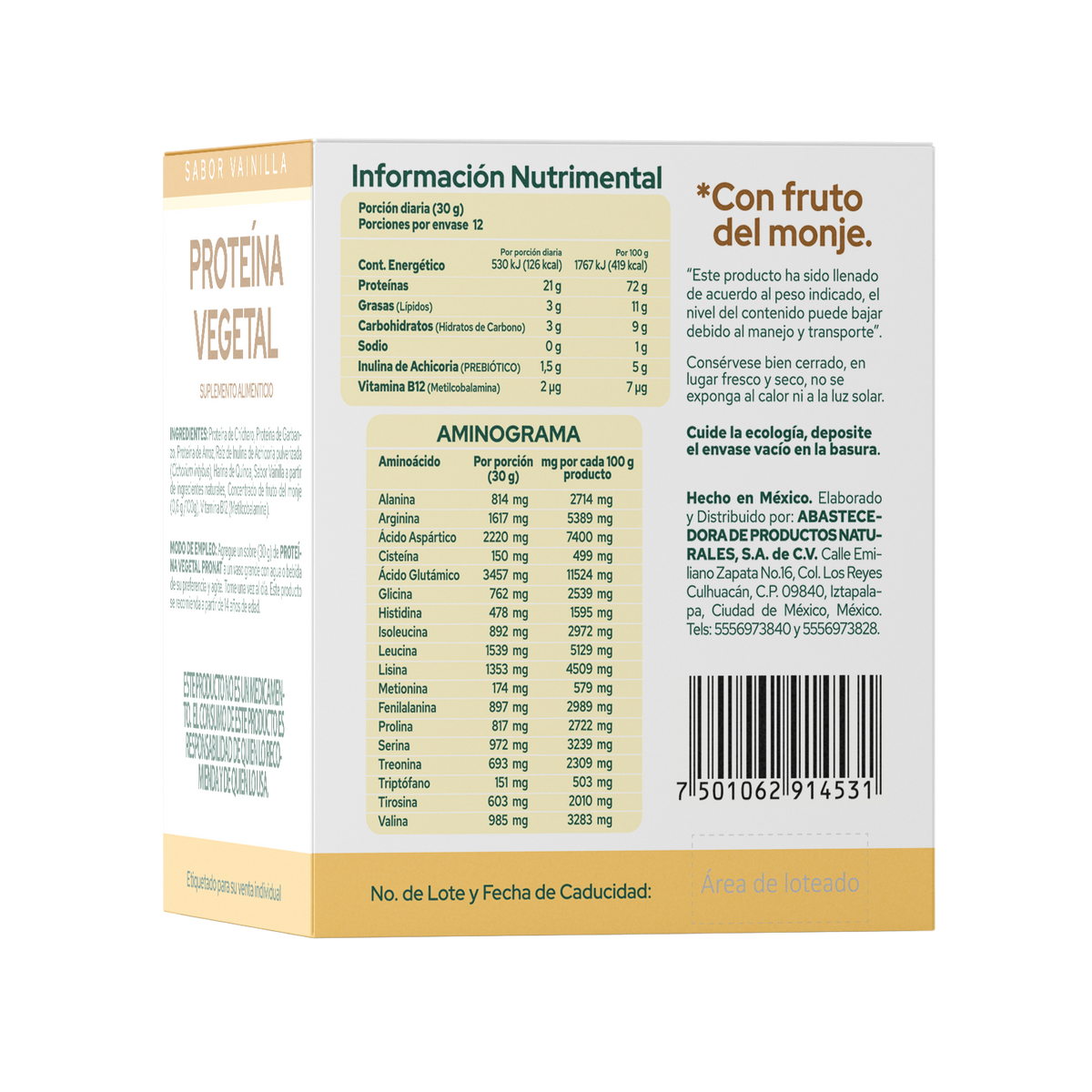 Proteína Vegetal Sabor Vainilla, Caja con 12 sobres de 30 gramos