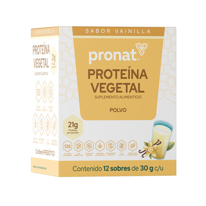 Proteína Vegetal Sabor Vainilla, Caja con 12 sobres de 30 gramos
