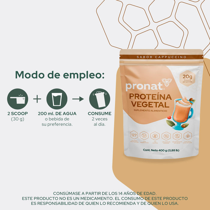 Proteína Vegetal Sabor Cappuccino, Caja con 12 sobres de 30 gramos