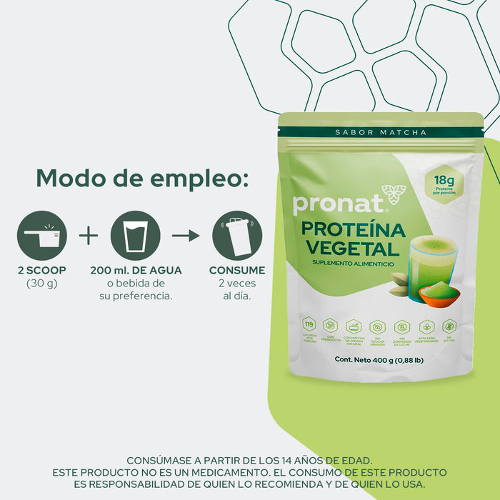 Proteína Vegetal Sabor Matcha, Caja con 12 sobres de 30 gramos