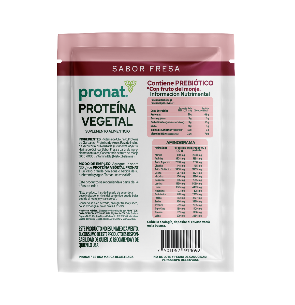 Proteína Vegetal Sabor Malteada de Fresa, Caja con 12 sobres de 30 gramos