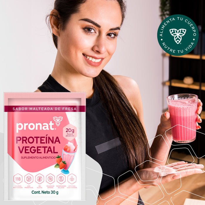 Proteína Vegetal Sabor Malteada de Fresa, Caja con 12 sobres de 30 gramos